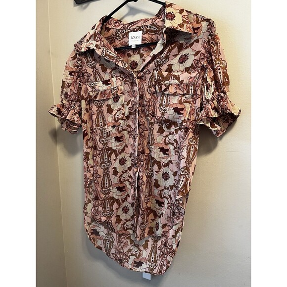 MISA Los Angeles Lara Brown Beige FloralShort Sleeve Collared Blouse Size XS - Picture 5 of 11